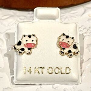 14KT Gold Kids Cow Stud Earrings — Pink & White Enamel with Ball Screw Back